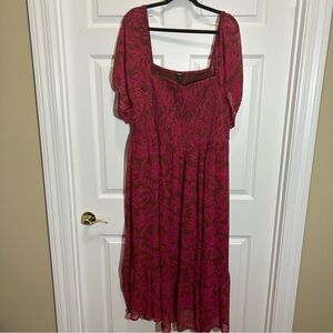 Torrid Brown and Pink Square Neck Puff Sleeve Midi Dress